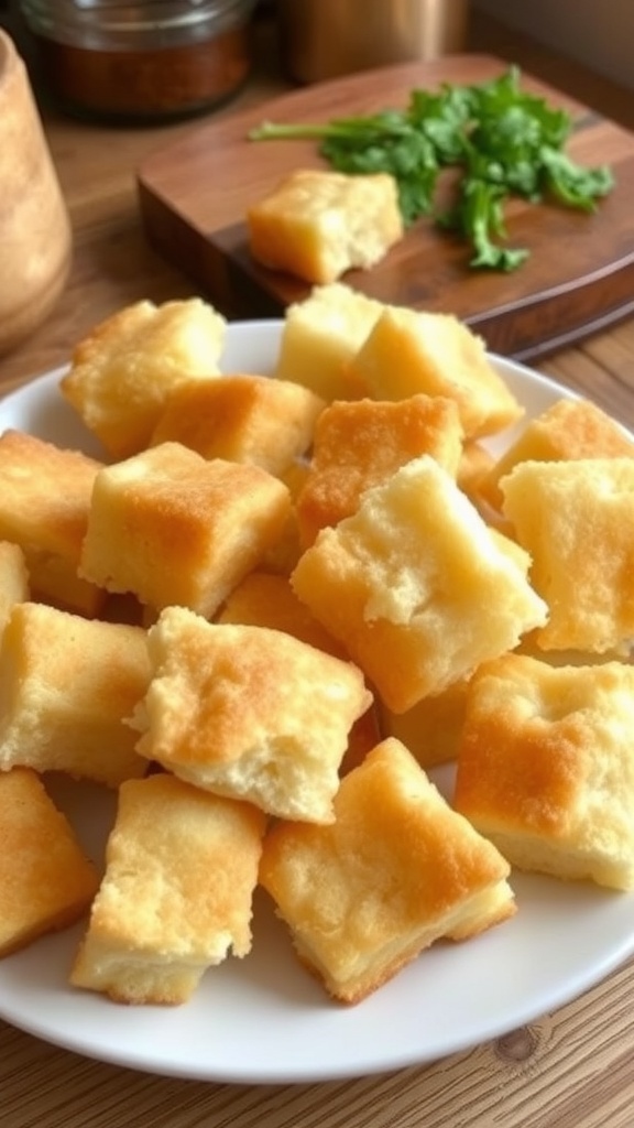 Fluffy Cloud Bread Without Cottage Cheese Fluffy cloud bread pieces on a plate, golden brown, in a rustic kitchen setting.